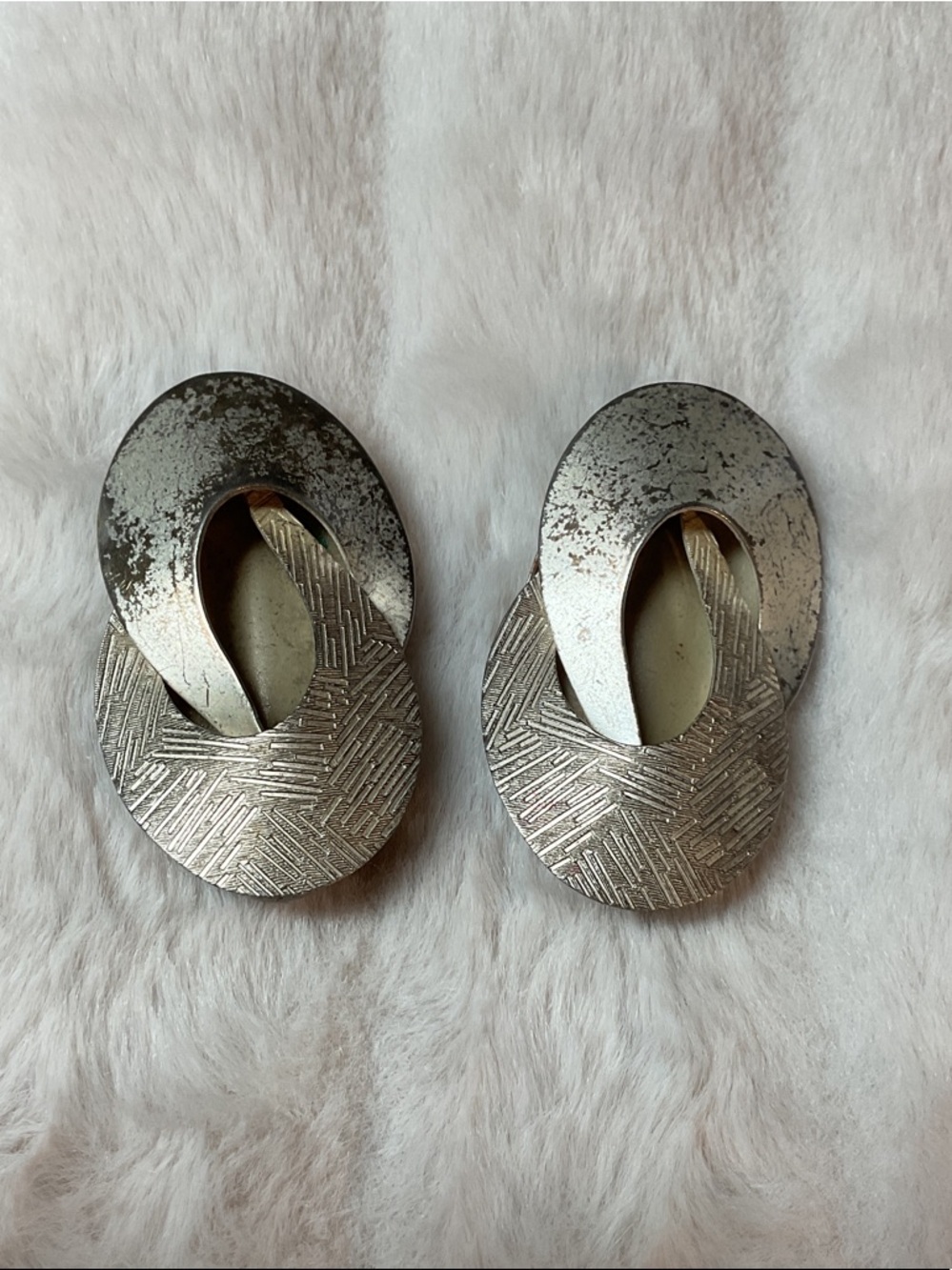 Silver Textured Oval Drop Earrings - Modern Metallic Earrings